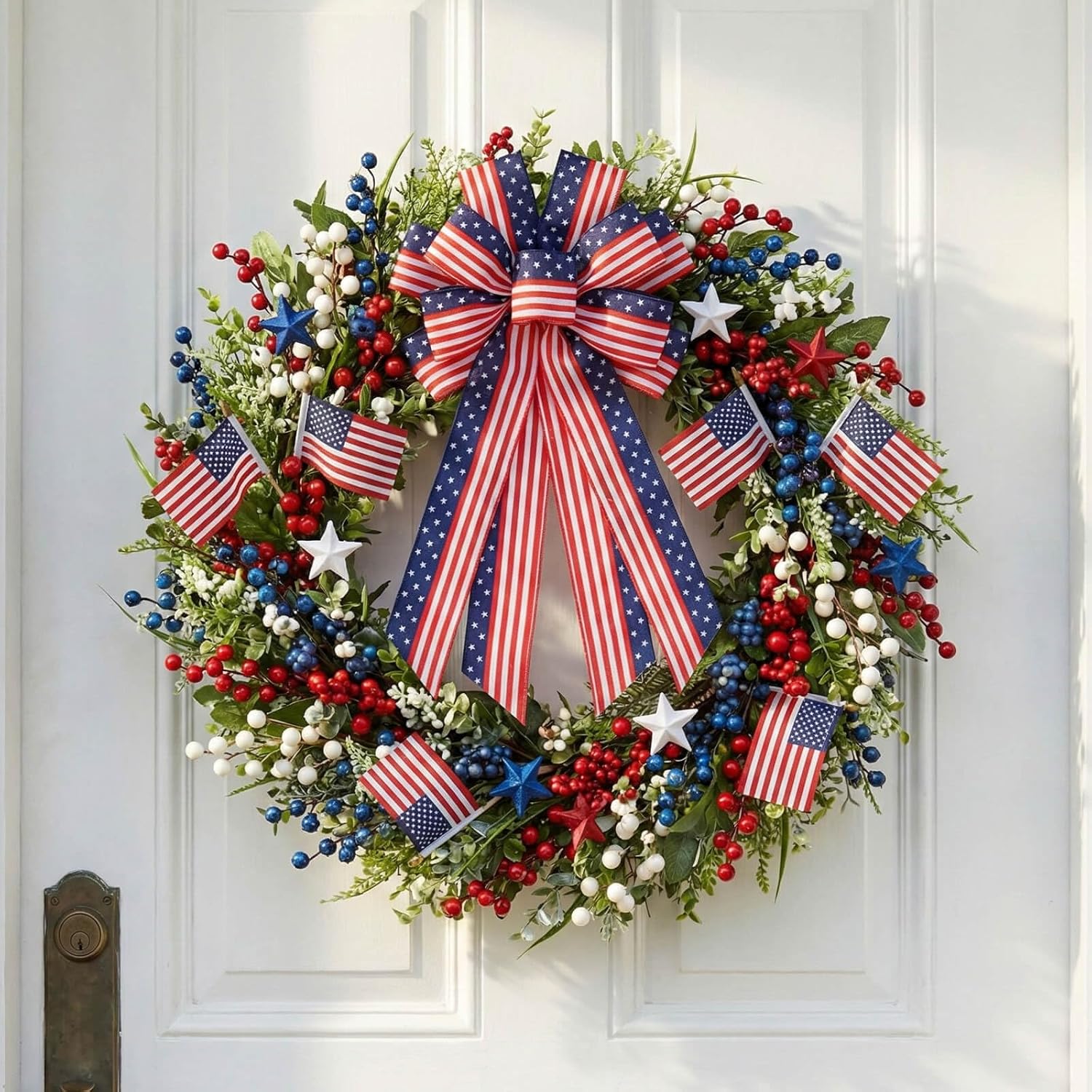 Patriotic Classic Large Red White Blue Bow - 20.87" Wired Edge Pre-Made Flag Bow for Wreaths & Doors
