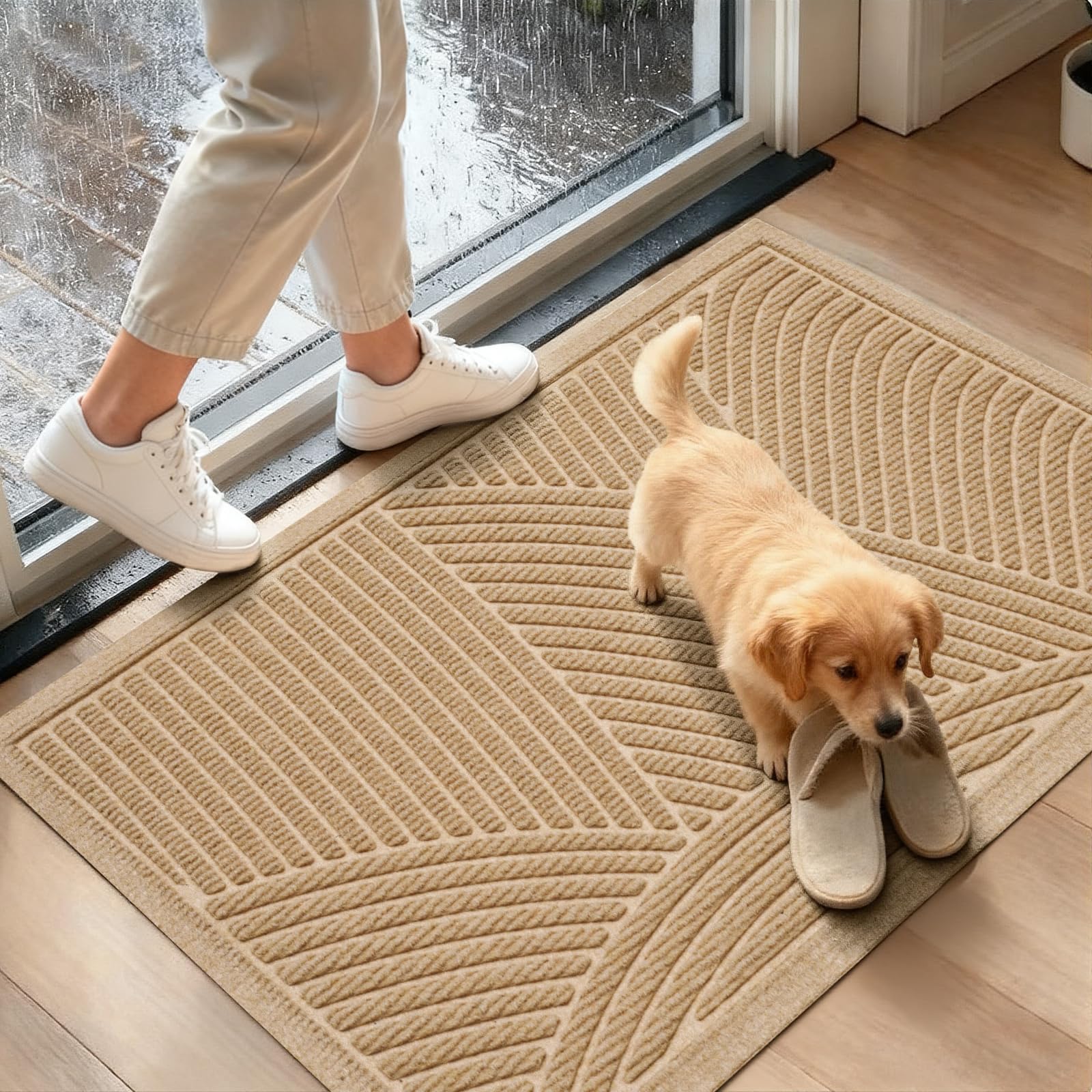 HIYARD Sturdy Front Door Mat, Absorbent Muddy Dirt Resist Welcome Door Mats Outdoor Indoor, Fade Resistant, Non-Slip Backing Entry Mat Low Profile Doormat for Entryway, 29×17, Beige
