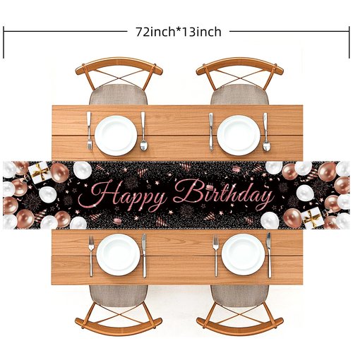 Happy Birthday Table Runner, Black and Rose Gold Party Decoration, 72 x 13 inches, Balloon and Firework Design