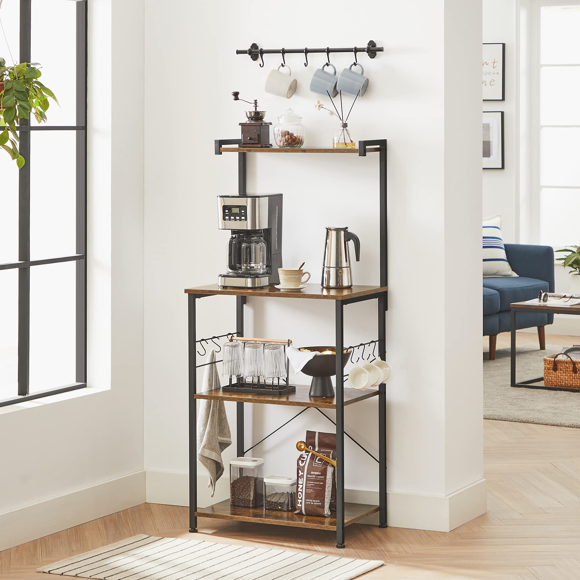 VASAGLE Kitchen Storage, Bakers Rack, Coffee Bar, 3-Tier Shelf, 6 S-Hooks, for Microwave, Spice Jars, Pots and Pans, Industrial, Rustic Brown and Black UKKS023B01