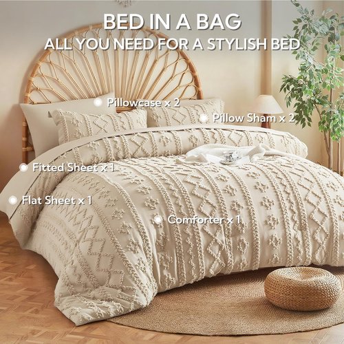 MR&HM Beige Comforter Set Queen, Tufted Boho Bedding Set, Farmhouse Bed in a Bag Set 7 Pieces with 1 Comforter, 2 Pillow Shams, 2 Pillowcases, 1 Flat Sheet, 1 Fitted Sheet for All Seasons