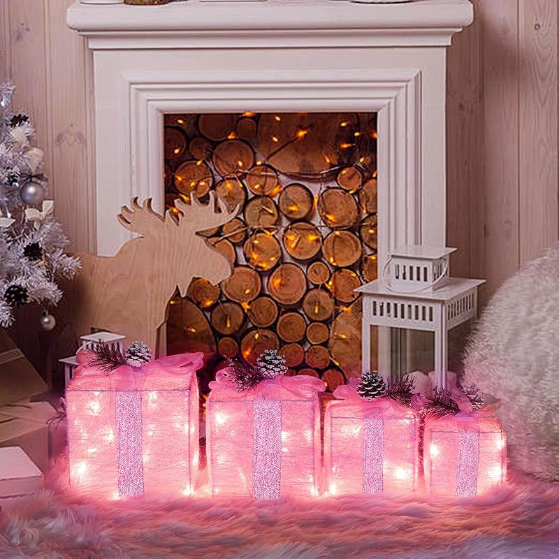 Pink Lighted Gift Box Set - 4 Pcs Christmas Decoration with 75 Warm White LEDs (Variation: Pink)