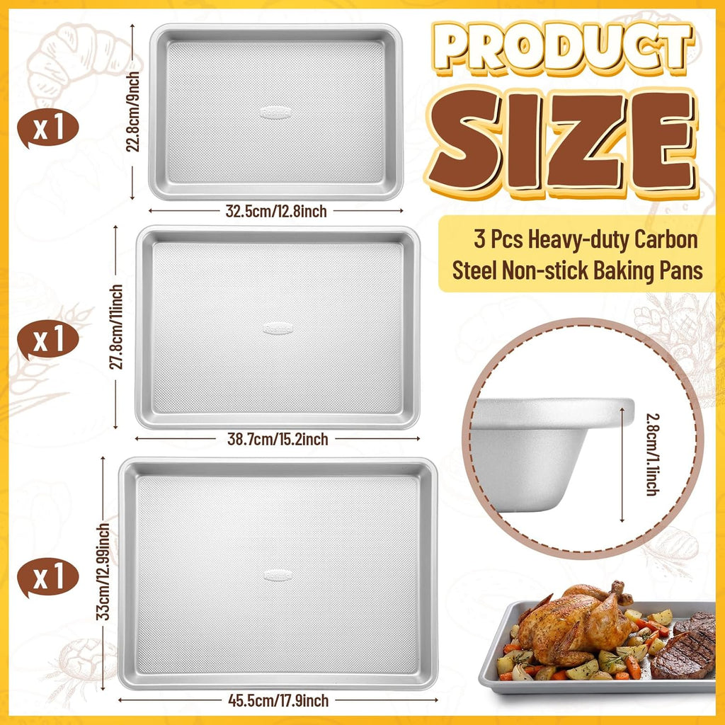 Roshtia Non-Stick Baking Pan Set - Heavy Duty Carbon Steel Cookie Sheets | 13", 15", 18" Sizes