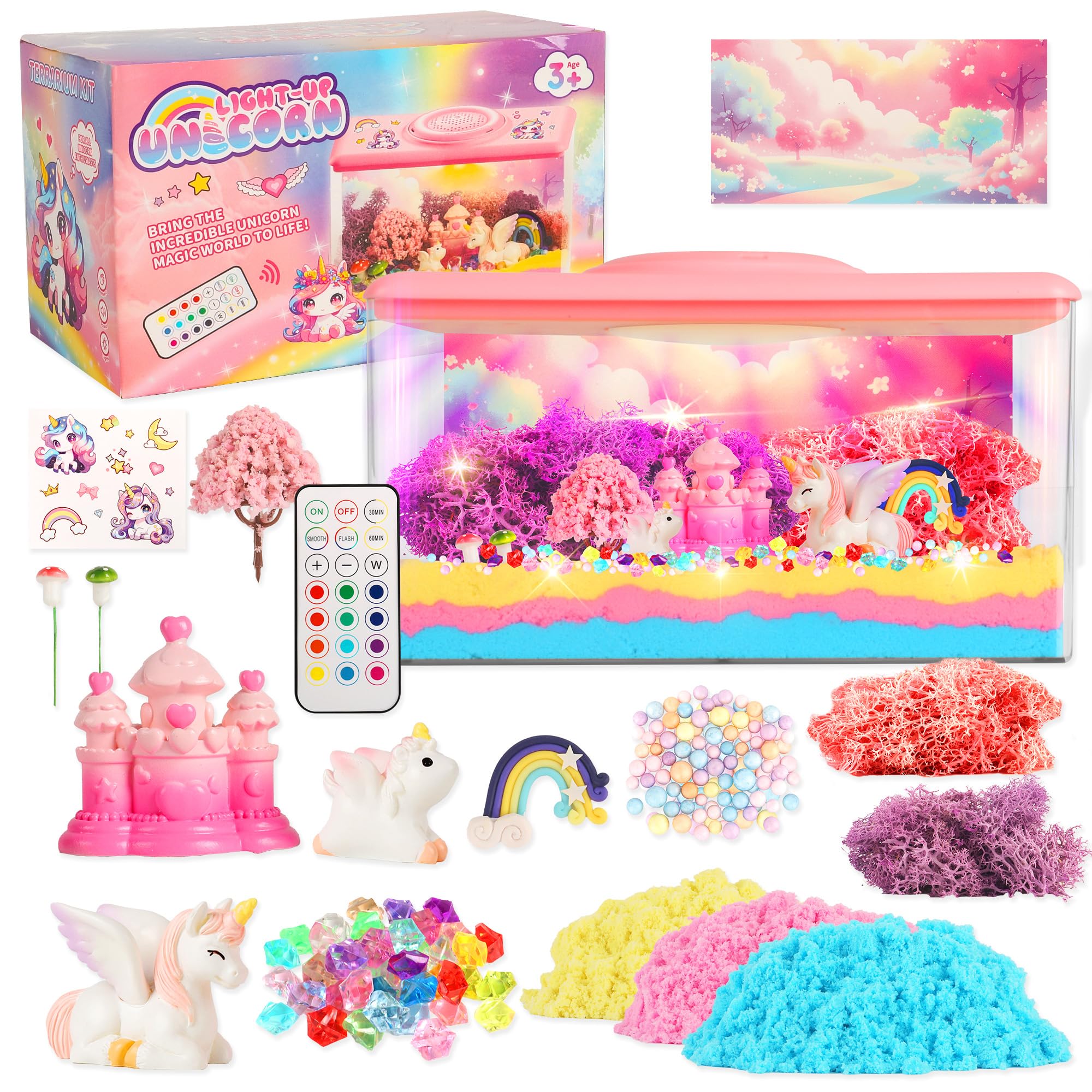 Unicorn Light-Up Terrarium Kit Toys for Kids - Not Fragile - LED Night Light Birthday Gift for Girls Ages 4 5 6 7 8-12 Year Old - DIY Arts and Crafts Kit, with Music, Stickers, Background