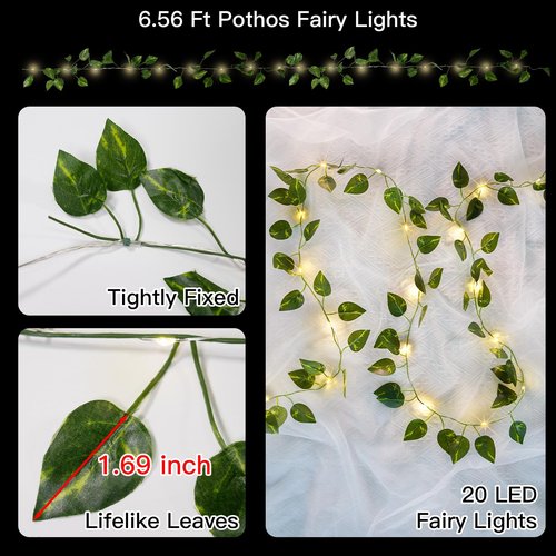 suddus Vines with Lights Battery Operated, 20 LED 6.56FT Fairy Lights Leaves with Timer, Pothos Vines String Lights for Bedroom,Dorm, Wall, Garden, Party, Christmas, Wedding Decor (Warm White)