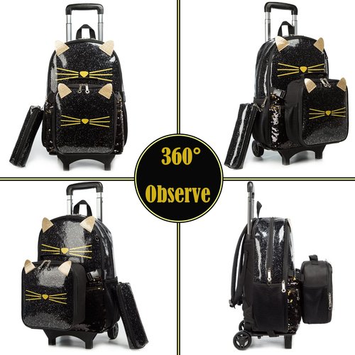 Egchescebo Cat School Bags Kids Rolling Backpack for Girls Luggage Kids Suitcase With Wheels Trolley Wheeled Backpacks Travel Bags 3PCS Lunch Box Pencil Case Backpacks for Girl‘s Black