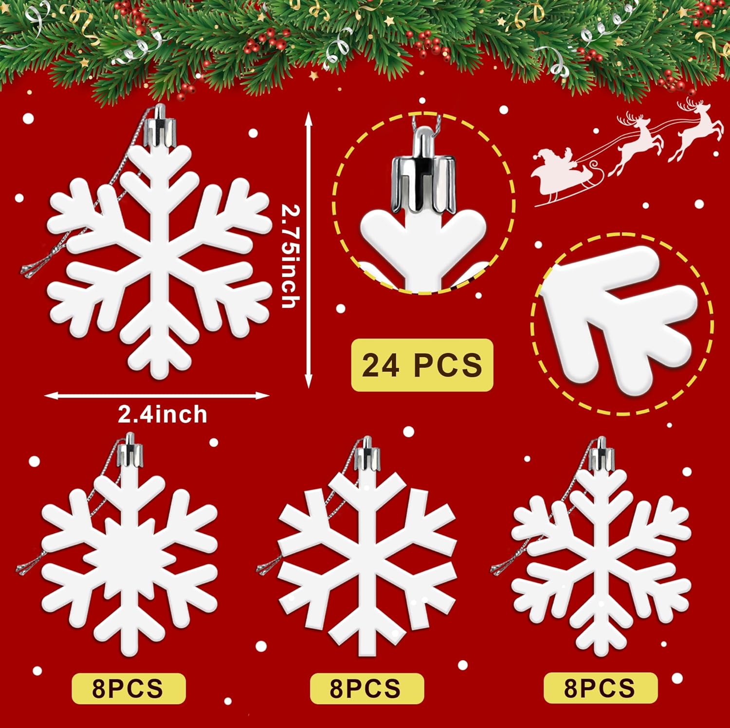 Skiennix 24 Pcs Snowflake Hanging Ornaments - White Plastic Decorations for Christmas Trees & Winter Parties