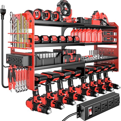 Large Power Tool Organizer by Heavy Duty | Wall Mount Charging Station with 8 Drill Holders - Red