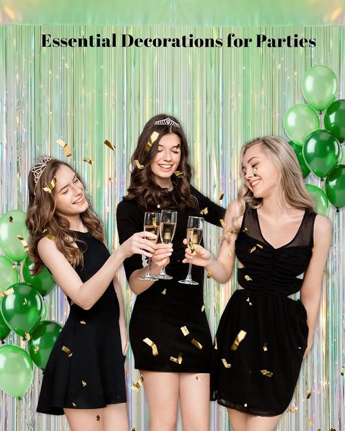 Iridescent Green Party Streamers Backdrop - 2 Pack Neon Holographic Tinsel Fringe Curtain | 3.31 x 6.6 ft