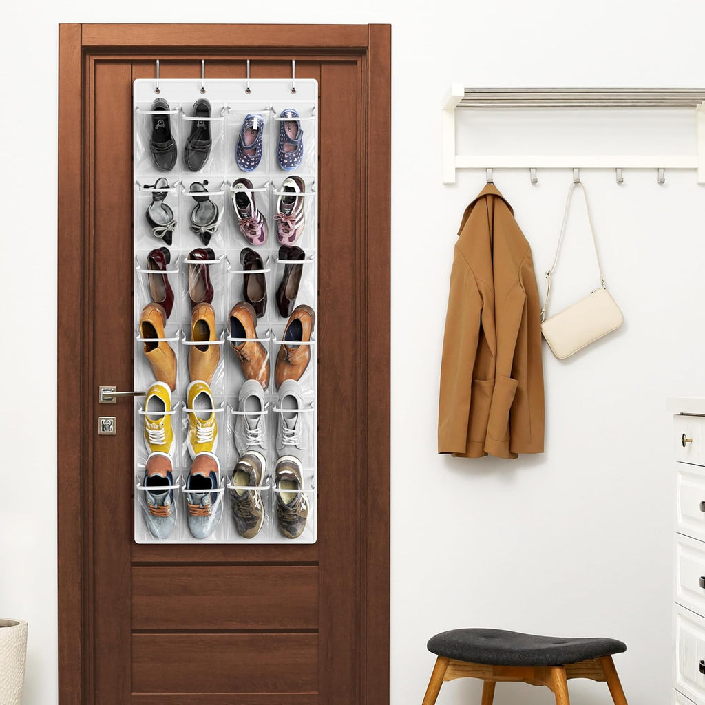Simple Houseware Over The Door Shoe Organizer - 24 Clear Pockets, White (56" x 22.5")