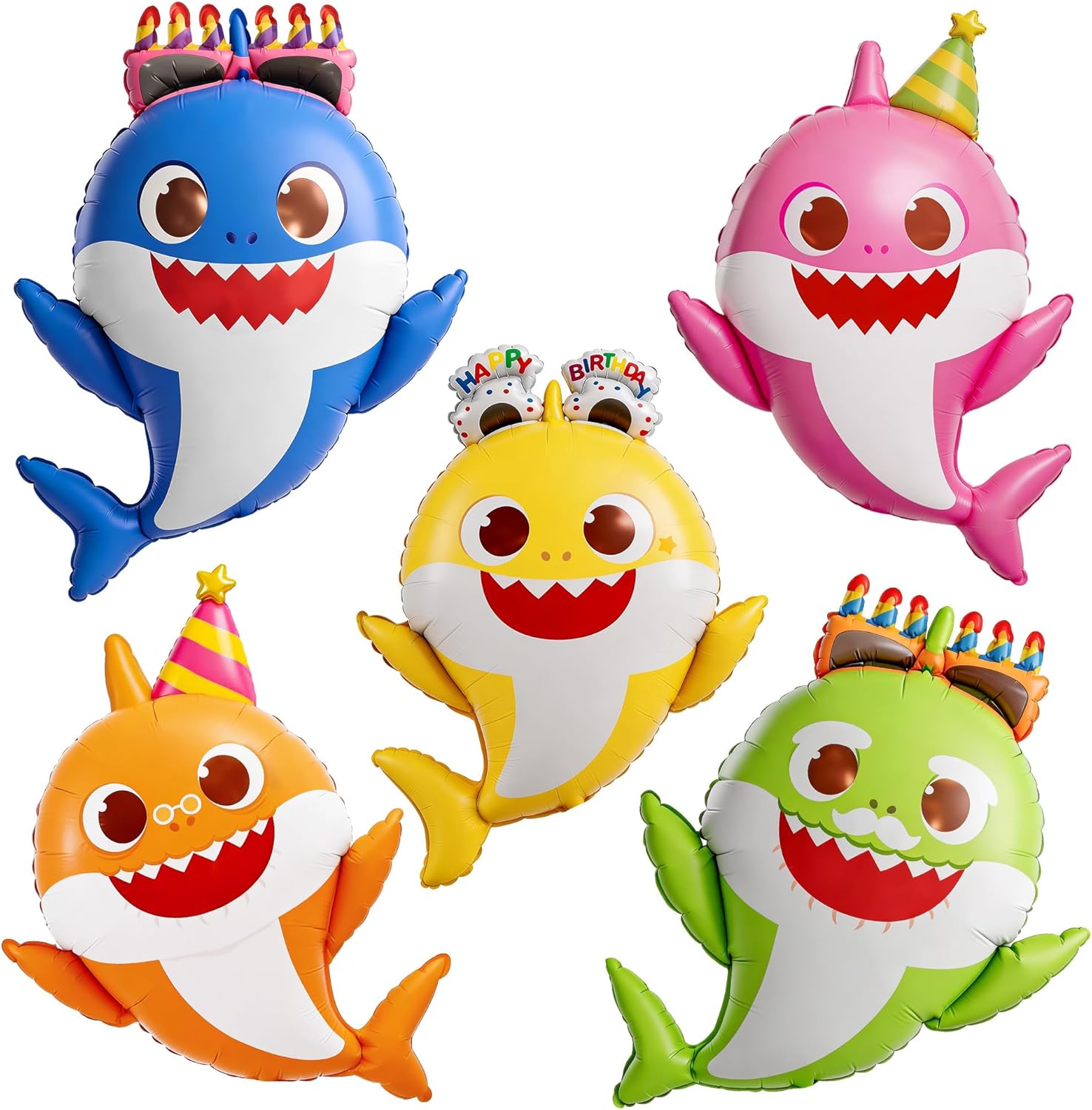 PartyWoo Baby Shark Family Foil Balloons - 5pcs Mylar Helium Birthday Decorations | 36-34-32 Inch Ocean Theme