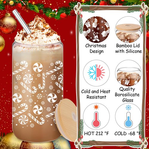 Acellegic 24 Set Holiday Christmas Glass Cups Gift 16Oz Winter Drink Glasses with Lid Straw Santa Iced Coffee Glass Tumbler Gift for Holiday New Year Women Coworker Employee Appreciation (White)