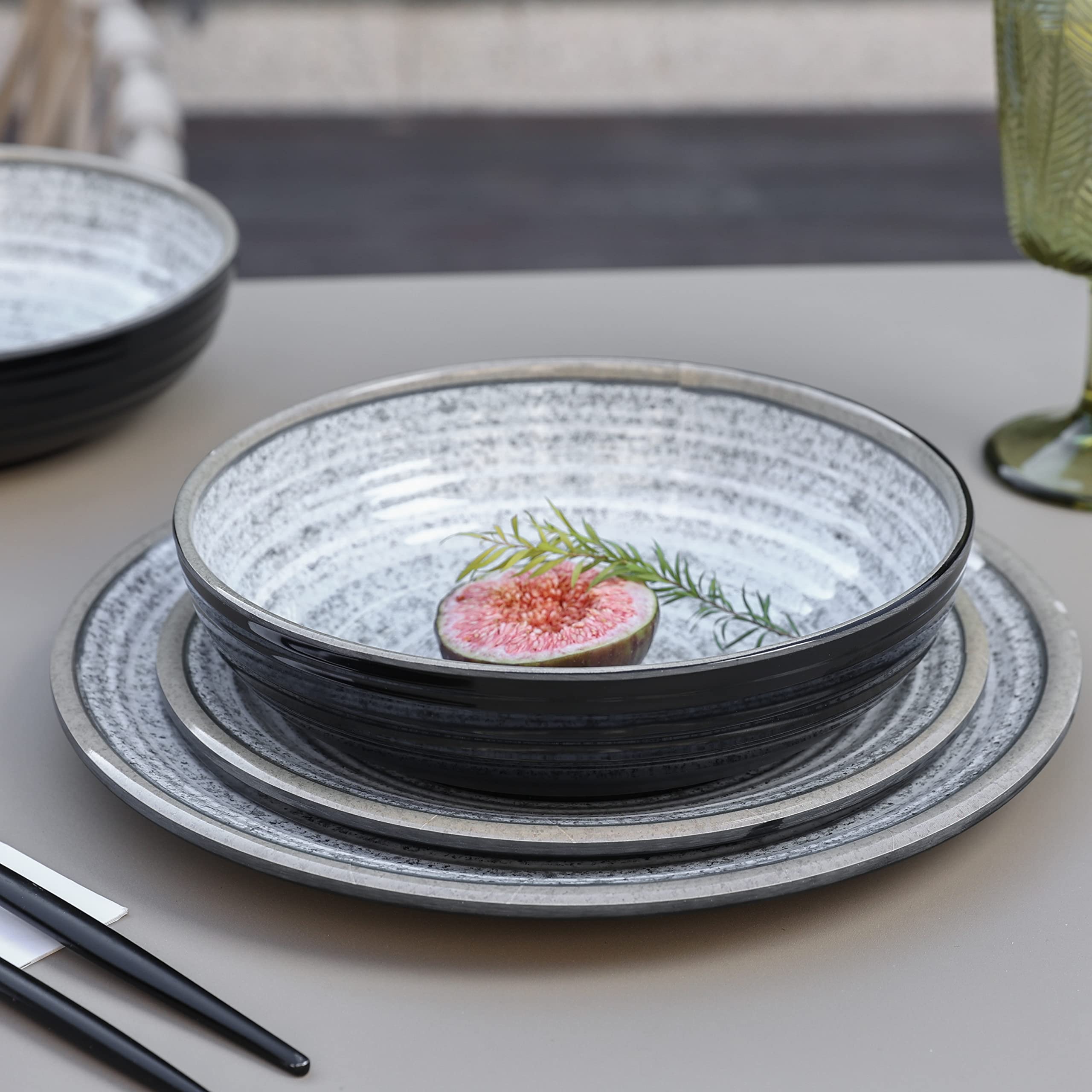 Melamine Dinnerware Sets 12 PCS - Service for 4 Plates & Bowls Sets Dishwasher Top-Shelf Safe, BPA Free Dinner Dishes Set for Everyday Use-Granite Pattern Black Back