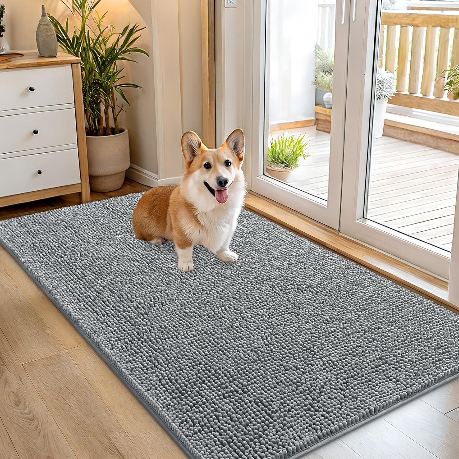 OLANLY Dog Door Mat - Absorbent Non-Slip Washable Chenille Mat for Muddy Paws | 54x32 Grey
