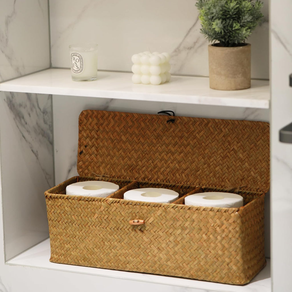 Seagrass Tank Basket - Woven Storage Basket with Lid for Organizing Snacks & Toys | Large 16.5" L x 5.5" W x 5.5" H