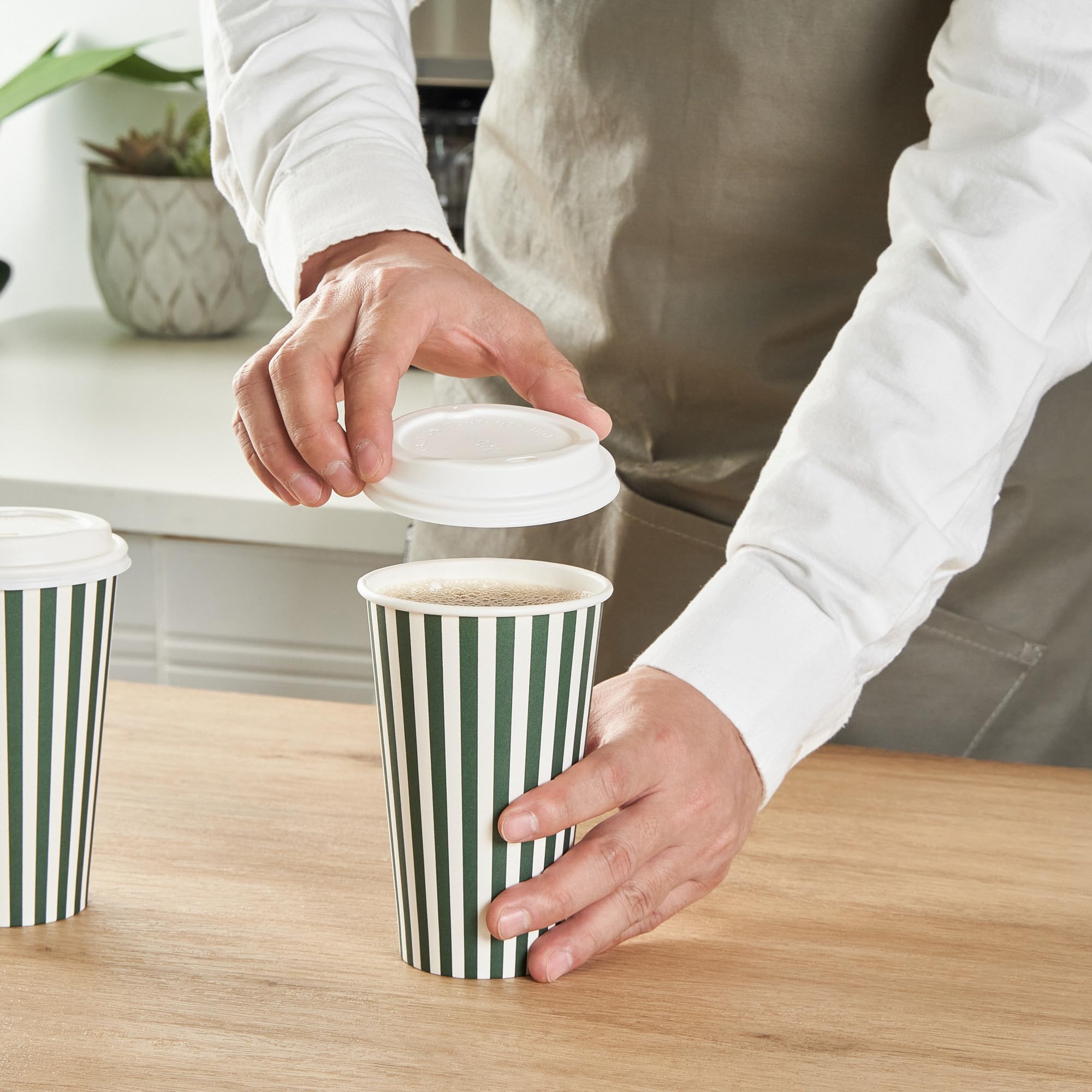 Restaurantware 16 Ounce Disposable Coffee Cups With Lids, 400 Hot Cups With Lids - Sleeves Sold Separately, Single Wall, Forest Green And White Stripe Paper Coffee Cups, For Coffee And More