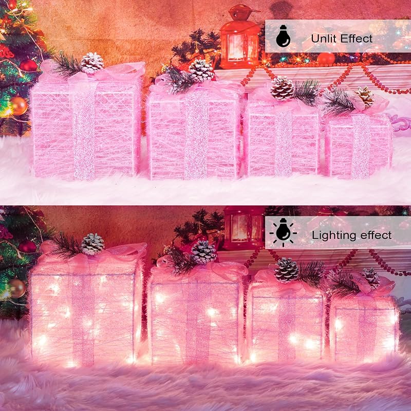 Pink Lighted Gift Box Set - 4 Pcs Christmas Decoration with 75 Warm White LEDs (Variation: Pink)