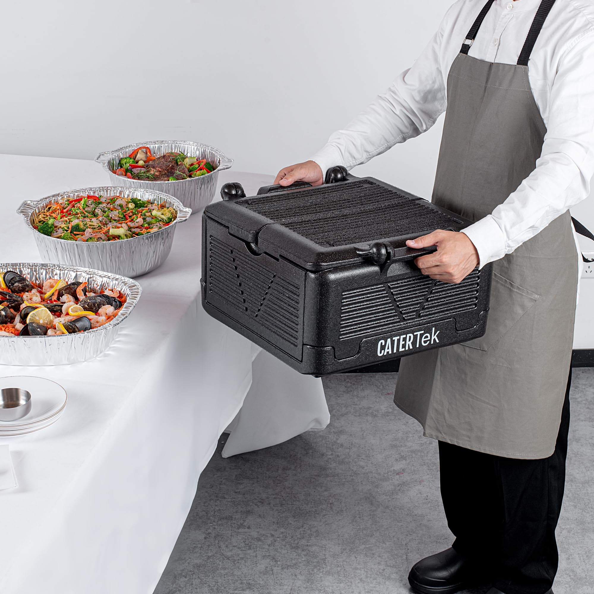 Restaurantware-Cater Tek 25 Quart Catering Hot Box, 1 Top Load Insulated Food Pan Carrier - Holds 1 Full Size 8” Deep Pan, Collapsible, Black EPP Plastic Food Box With Handles, Portable, For Buffet