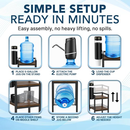 5 Gallon Water Dispenser Stand with Built-in Cup Holder and Electric Pump Included– Heavy Duty Water Jug Holder, Storage Shelf, Second Jug Space – Adjustable Height, Lightweight & Durable