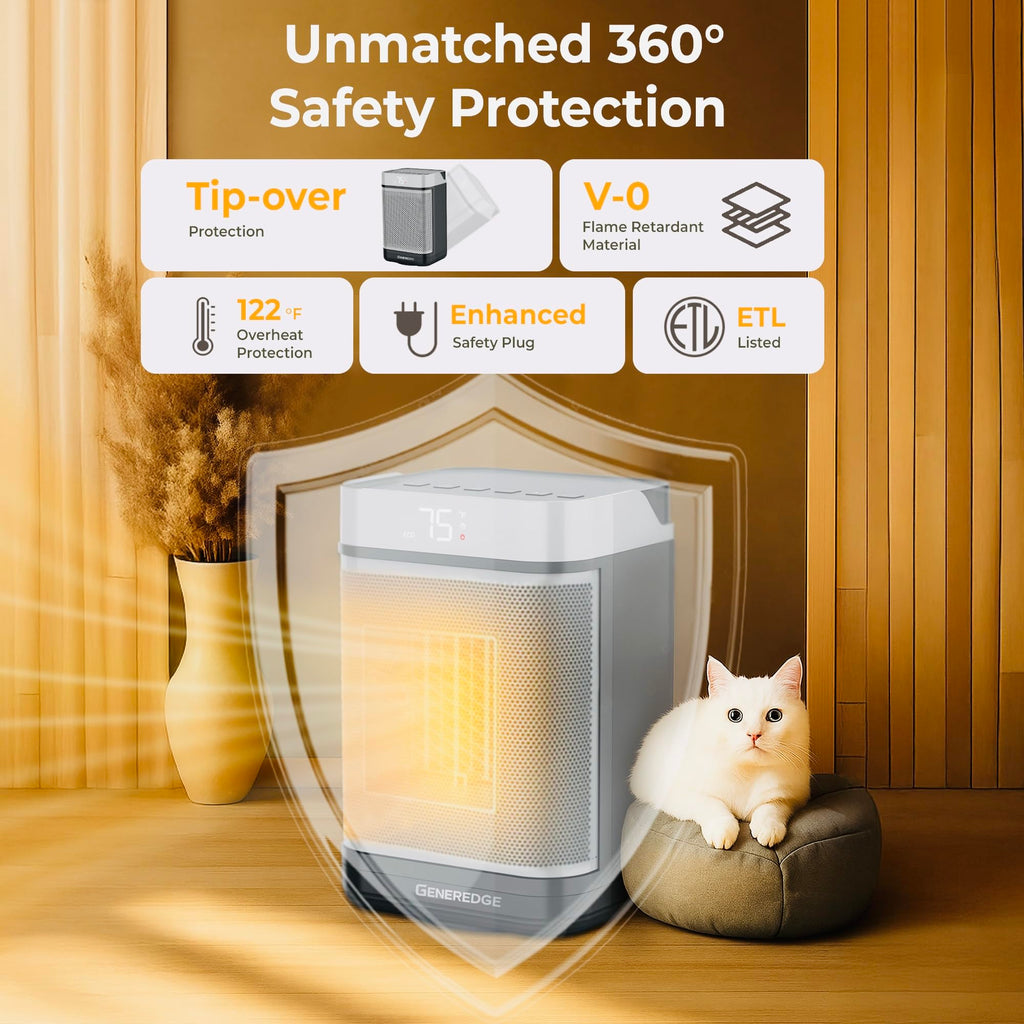 GENEREDGE Portable Space Heater for Indoor Use - 1500W PTC Electric Heater with Digital Thermostat, Remote Control, 80°Oscillation, Timer, Fan & Quite Eco Mode, Rapid and Safe Heating for Bedroom