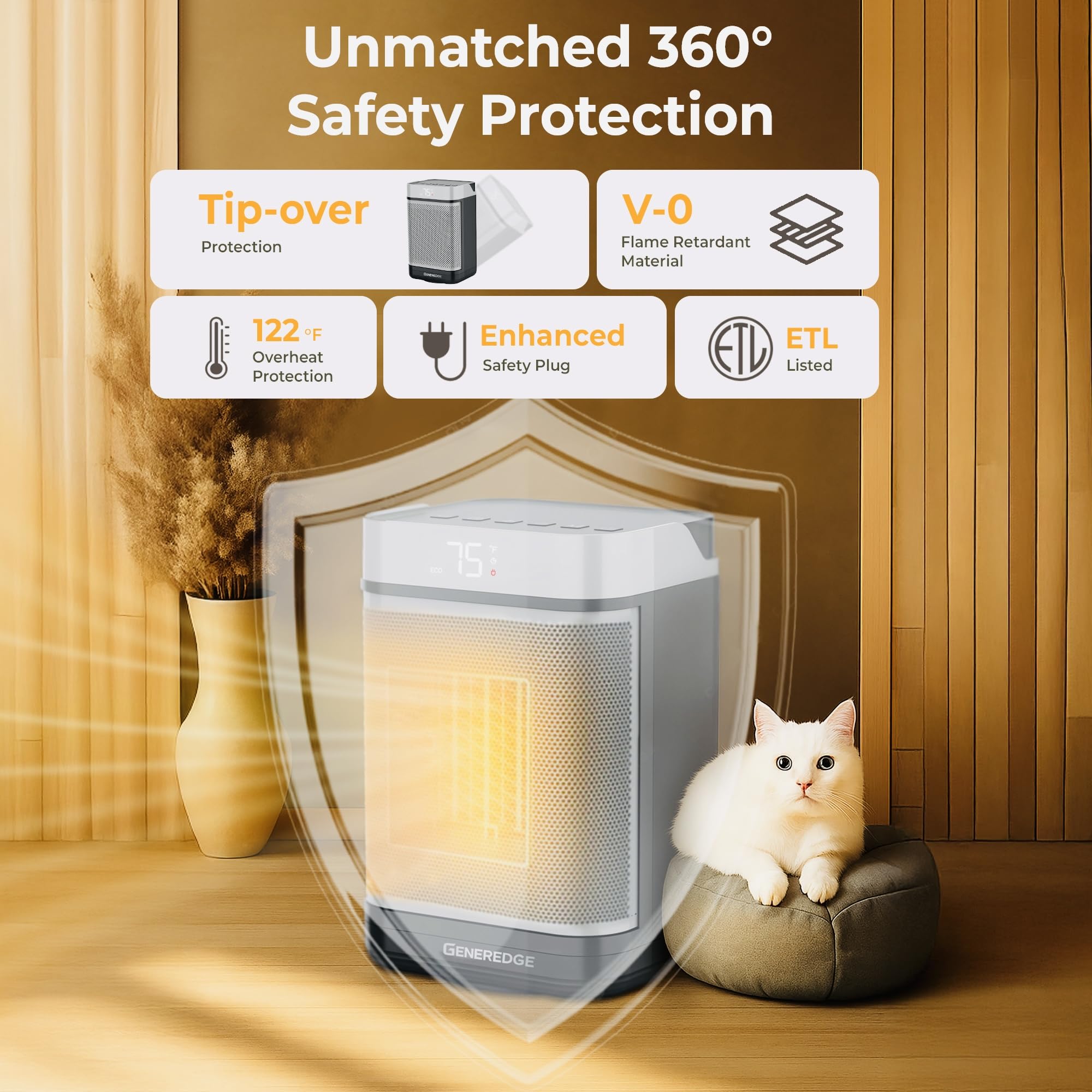 GENEREDGE Portable Space Heater for Indoor Use - 1500W PTC Electric Heater with Digital Thermostat, Remote Control, 80°Oscillation, Timer, Fan & Quite Eco Mode, Rapid and Safe Heating for Bedroom