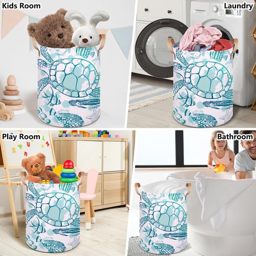Large Laundry Hamper Basket Ocean Theme Round Freestanding Clothes Basket, Sea Turtle Collapsible Storage Organizer Bin with Leather Handles for Dirty Clothes Toys, Nursery Home Storage 16"W x 20"H