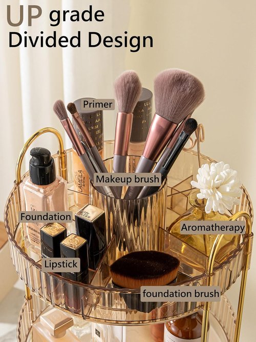 Asayuee 360 Rotating Makeup Organizer - Large 3-Tier Storage for Skincare & Cosmetics | Gold Finish