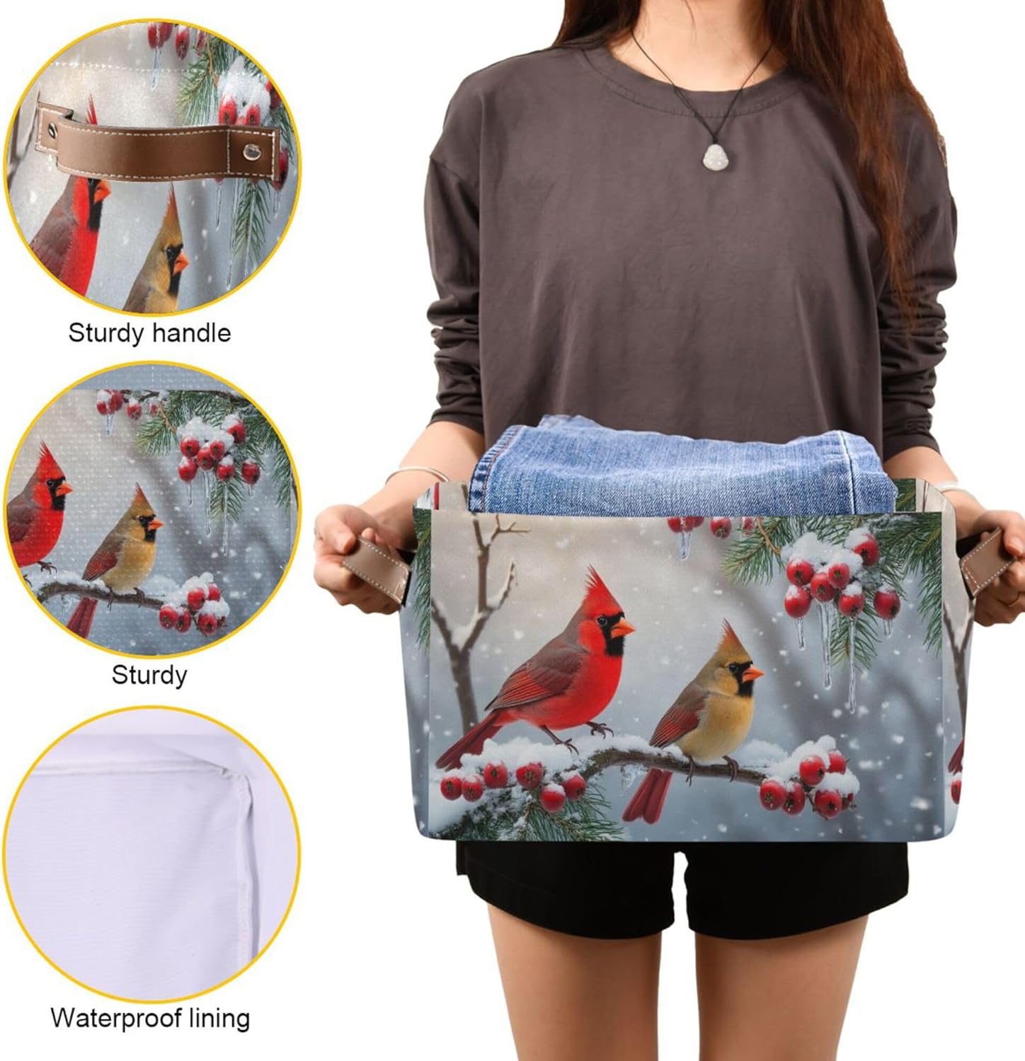 Winter Cardinal Birds Fabric Laundry Basket - Christmas Storage Organizer for Toys, Books & More | 16x12x8