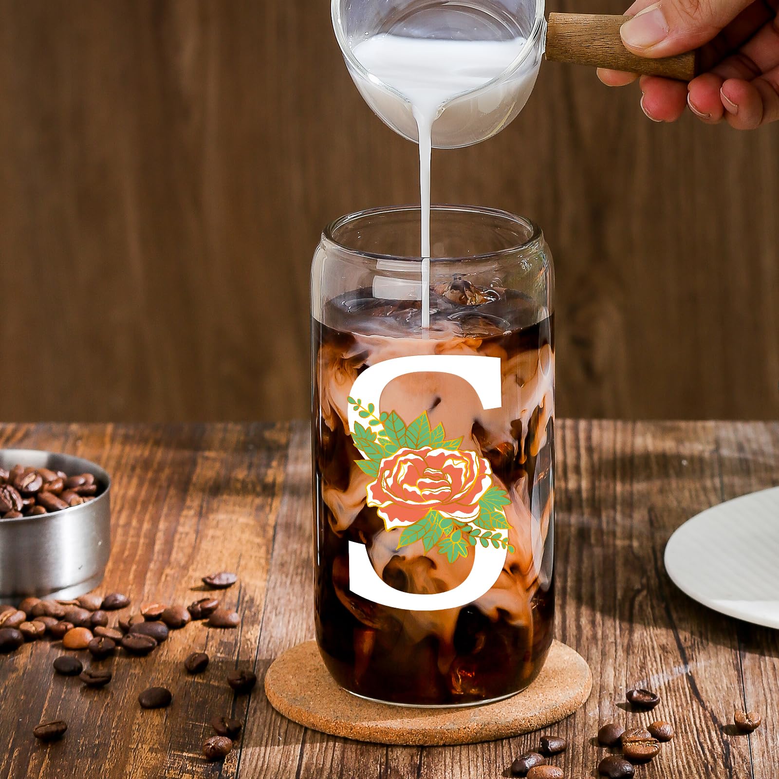 SENTVEND Initial Glass Cup with Lid and Straw Color-changing Monogrammed Gifts for Women 16 oz Iced Coffee Drinking Glass Tumbler Personalized Christmas Thanksgiving Birthday Gifts for Women Her Mom