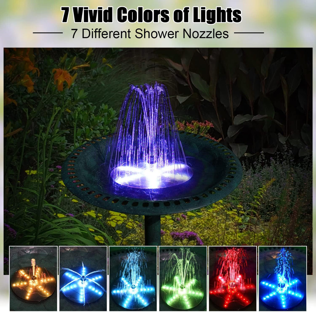 Skiennix Solar Bird Bath Fountain - Upgraded 4W Pump with 4000mAh Battery & 7 Nozzles | Colorful LED Lights for Garden & Pond