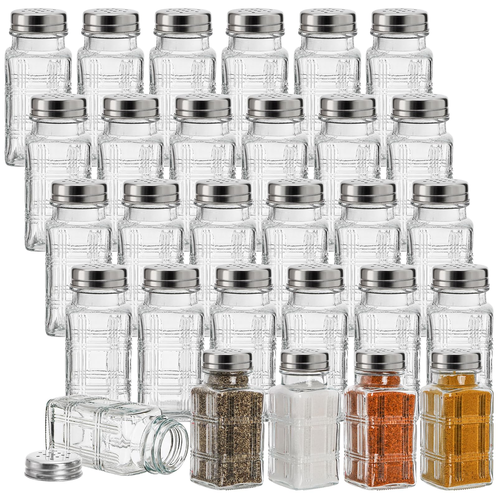 Covzoe 30 Pack Glass Salt and Pepper Shakers, 2.5 Oz Antique Spice Shakers with Metal Lid, Clear Glass Jars Kitchen Gadgets for Seasonings Home Restaurant Cooking Table