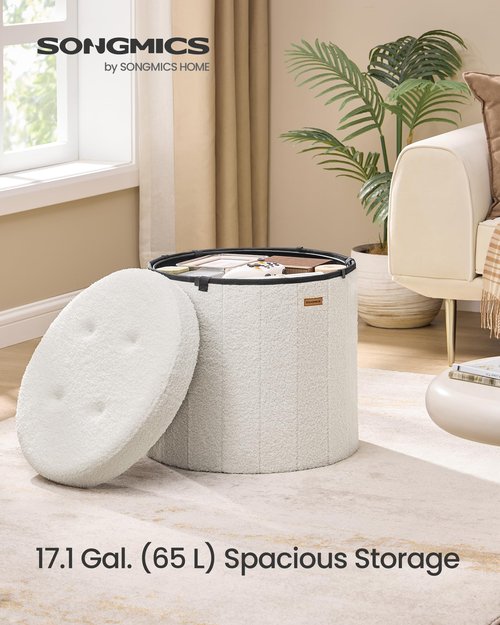 SONGMICS Mazie Collection - Round Storage Ottoman, Folding Footrest Stool with Removable Lid, Easy Assembly, Teddy Fleece Vanity Stool for Bedroom, Living Room, Entryway, Cream White ULSF606W01