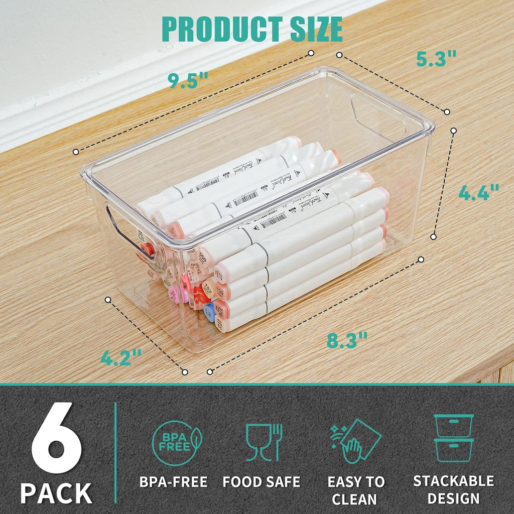 Skiennix 6 Pack Clear Storage Bins - Stackable Acrylic Craft Containers with Lids & Handles | Ideal for Kitchen & Office Organization
