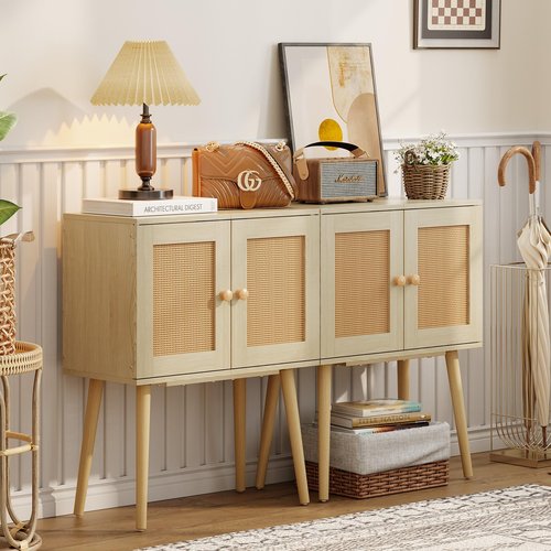 Sideboard Buffet Kitchen Storage Cabinet , Small Coffee Bar Cabinet with Rattan Doors and Tall Solid Wood Legs, Boho Accent Media Console Credenza Cabinet for Entryway,Living Room,Kitchen, Small Space