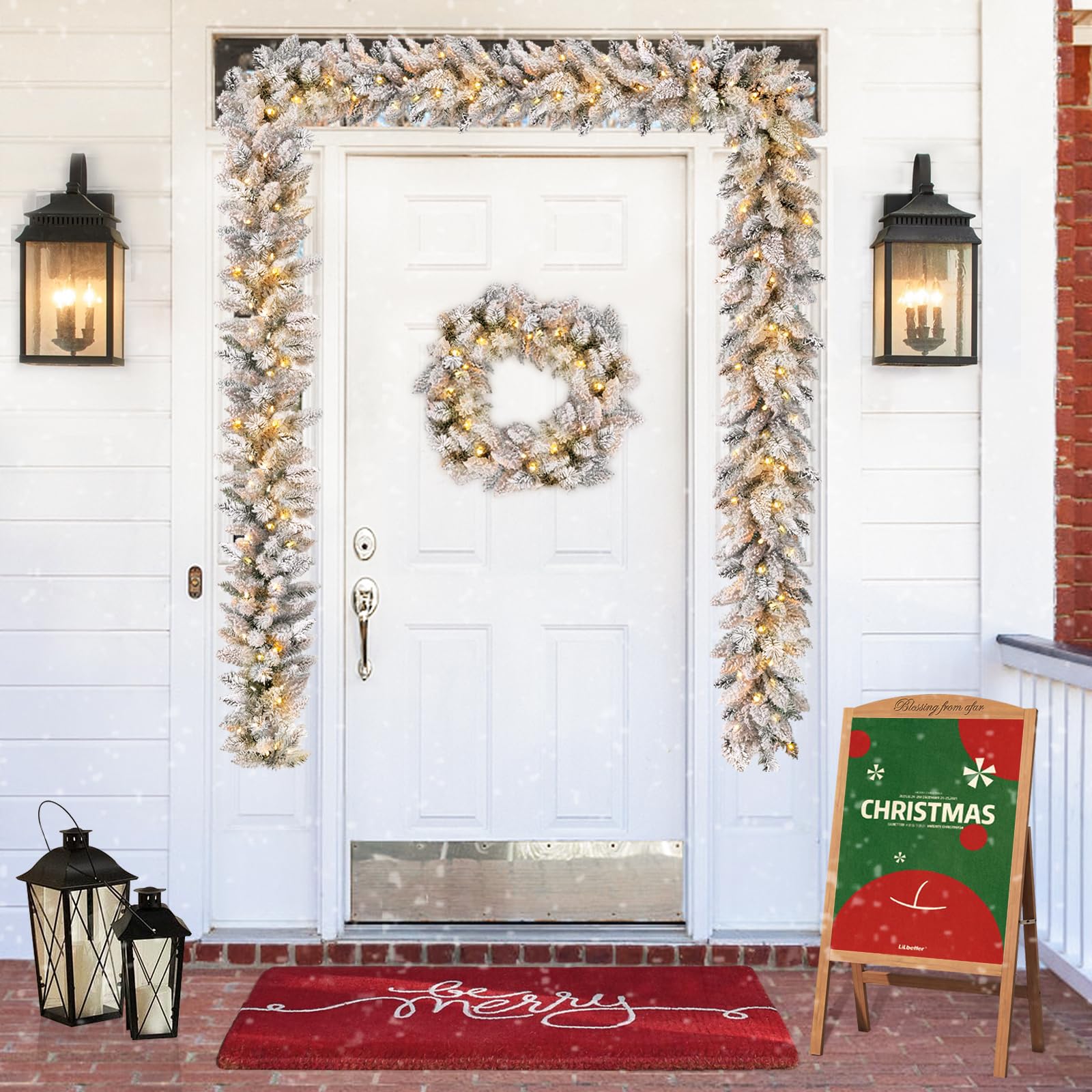 KOIUEYW Flocked Garland with Lights,9FT Battery-Powered Pre-Lit Christmas Garland, Glittered Artificial Christmas Garland with Warm LEDs for Mantle Home Fireplace Stairs Party Decoration