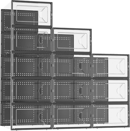 Kuject Shoe Storage Box - Large Crystal Clear Stackable Organizer | Space-Saving 12-Pack Black