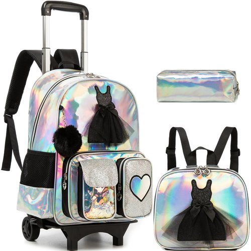 HTgroce Rolling Backpack with Wheel,School Backpack for Kids Girl Roller Schoolbag Wheeled Backpacks Set Carry-on Luggage,Black
