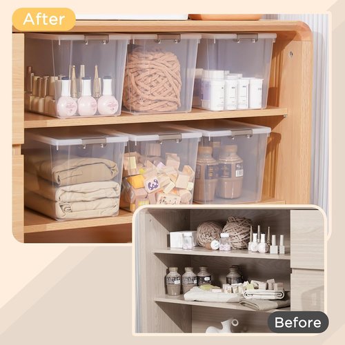 Citylife 7.8 QT Small Storage Bins - Stackable Plastic Containers with Lids | Clear White, 6-Pack