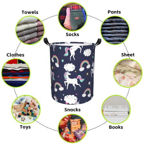 Naqiuli Laundry Basket Unicorns and Rainbows Laundry Hamper Large Laundry Basket Storage Basket Tote Bag Collapsible Organizer Basket for Bathroom,Laundry,Bedroom 17.3 x16.5 Inch