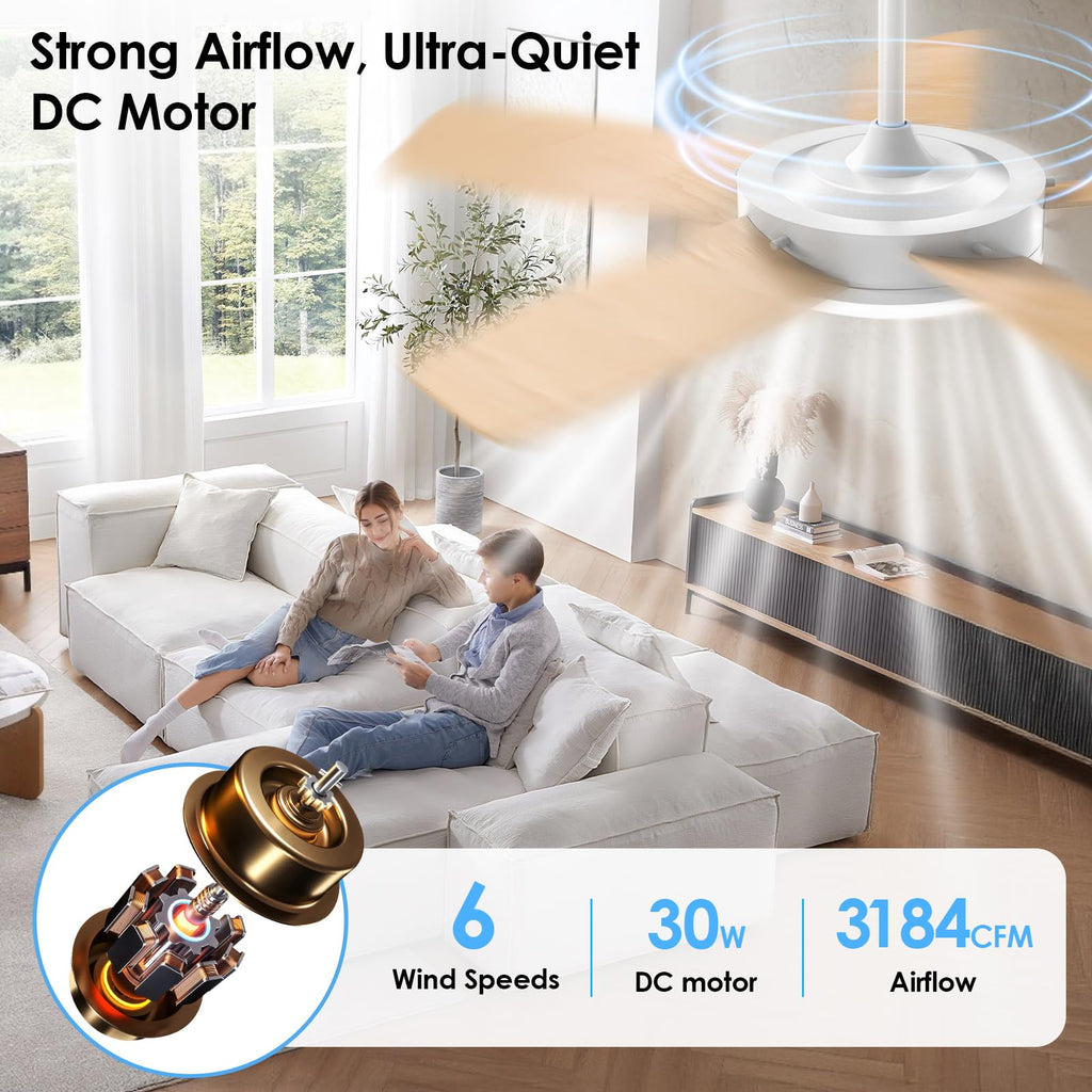 ropelux 52-Inch Ceiling Fans with Lights: Powerful Wind, Ultra-Quiet, High Bright&Screw-Free for Blade Installation, Dimmable, Forward&Reversible Fan with Remote APP Control for Bedroom/Living Room.