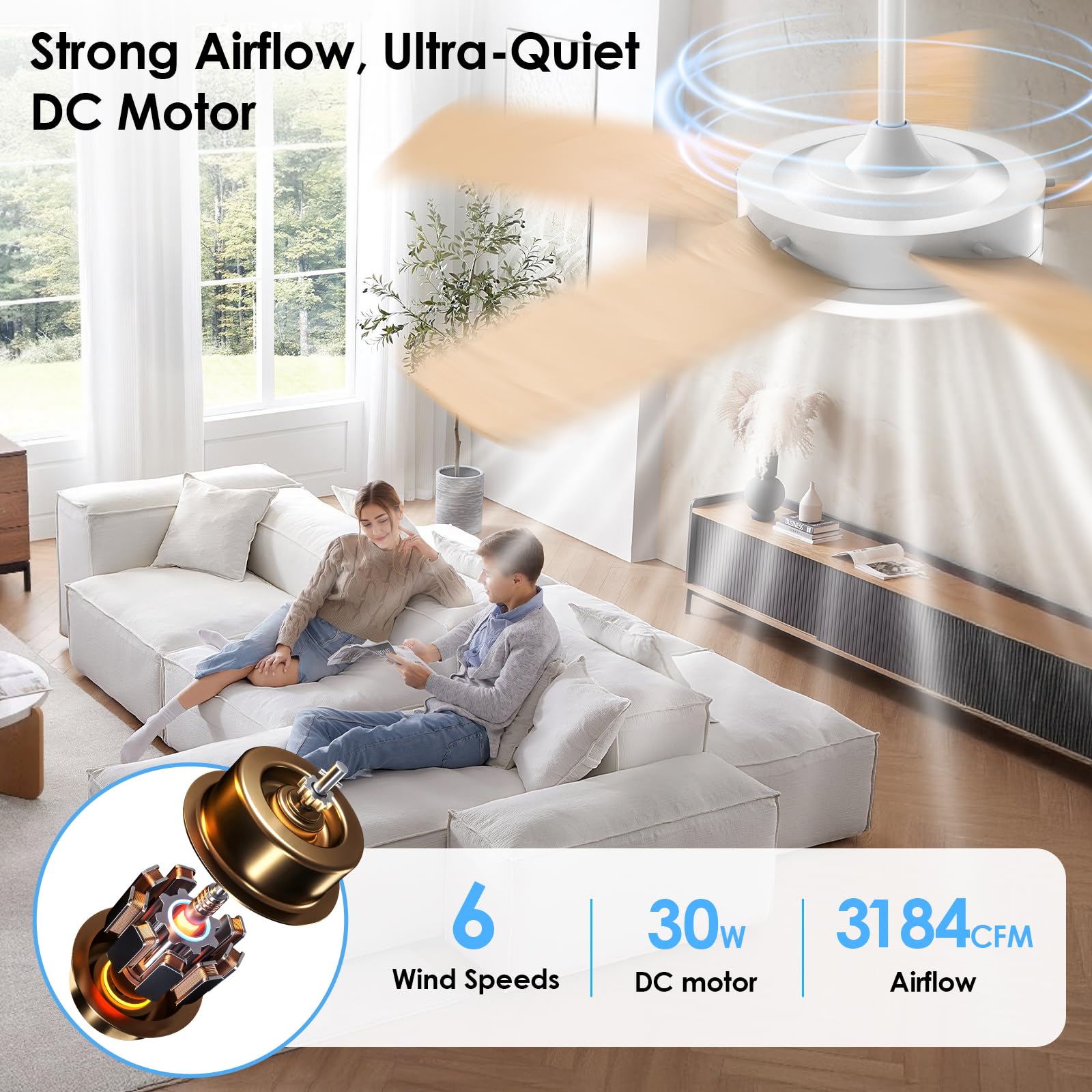 ropelux 52-Inch Ceiling Fans with Lights: Powerful Wind, Ultra-Quiet, High Bright&Screw-Free for Blade Installation, Dimmable, Forward&Reversible Fan with Remote APP Control for Bedroom/Living Room.