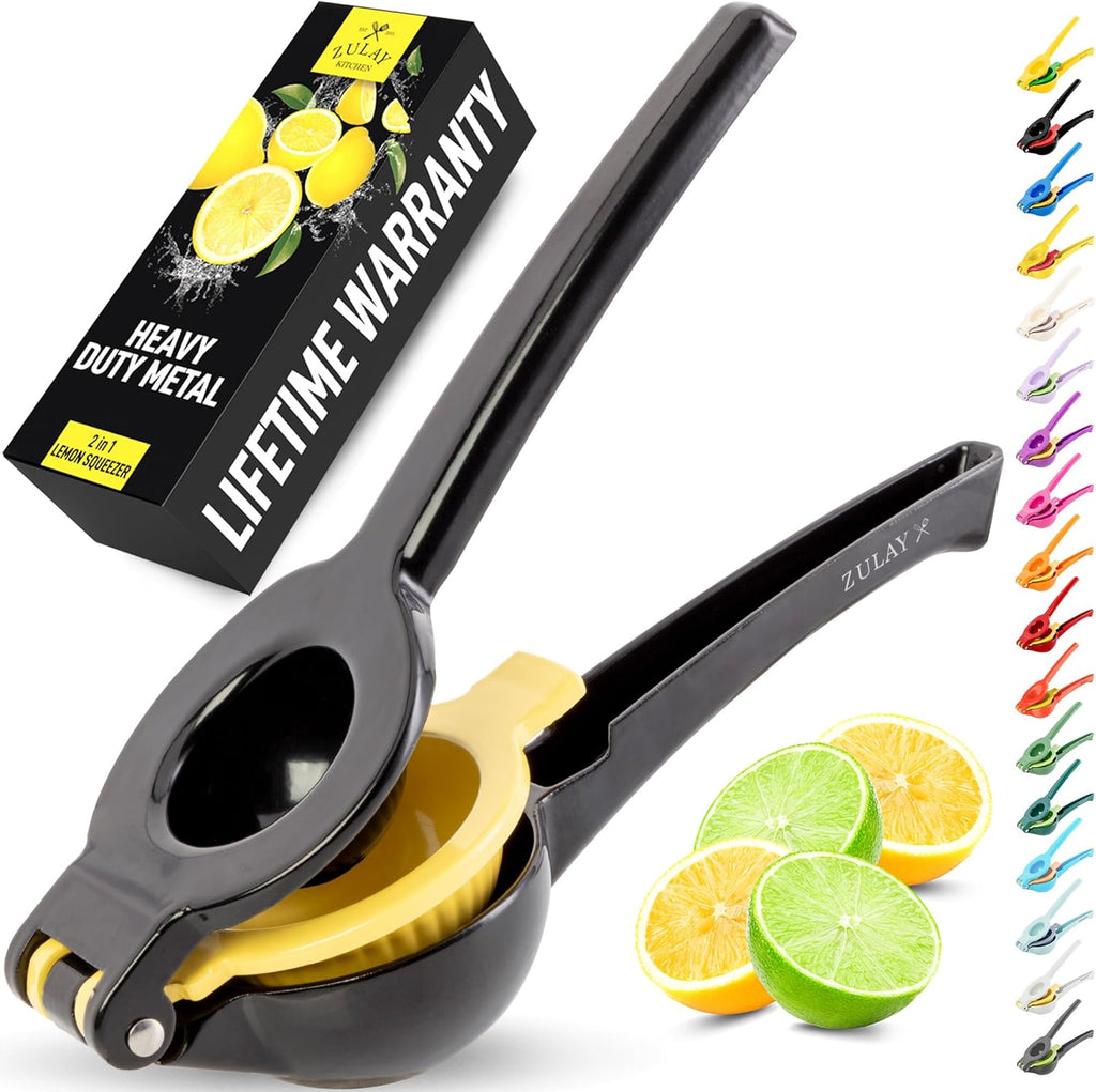 Zulay Kitchen Lemon Squeezer - Sturdy 2-in-1 Hand Juicer for Maximum Juice Extraction | Easy-Clean Black/Yellow