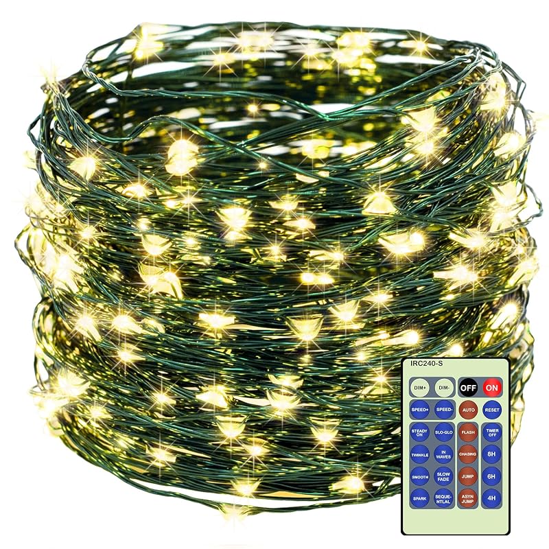 Decute 300LED 99FT Green Wire Christmas String Lights with Remote - Dimmable, UL Listed