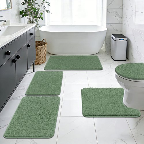 SHACOS Sage Green 5 Pieces Bathroom Rugs Set with Toilet Lid Cover Ultra Soft Absorbent Microfiber Bath Mat U Shape Contour Rug for Bathroom, Non Slip Machine Washable Bath Runner Rugs for Bedroom