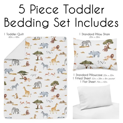 Sweet Jojo Designs Jungle Animals Boy Girl Toddler Kid Bedding Set Childrens 5pc Comforter Hunter Green Yellow Grey Rust Orange Black White Wildlife Safari Animal Elephant Giraffe Lion Monkey Leopard