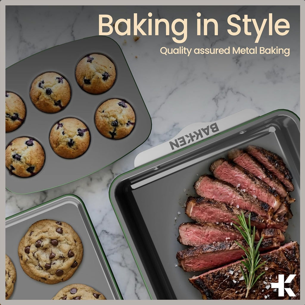 Bakken 8-Piece Bakeware Set - Nonstick Ceramic Coated Pans with Muffin, Loaf, Cake & Roasting Pan | Oven Safe Up to 500°F, Green