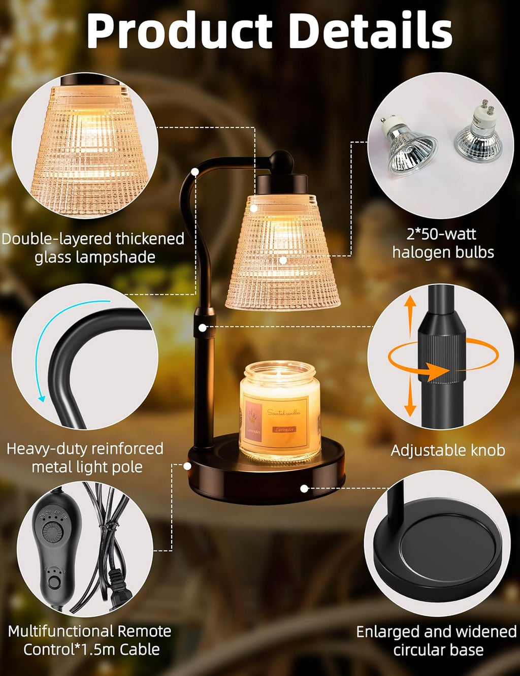 Skiennix Candle Warmer Lamp - Adjustable Height & Dimmable with Timer | Flameless Wax Melter for Home Décor, Black-Clear
