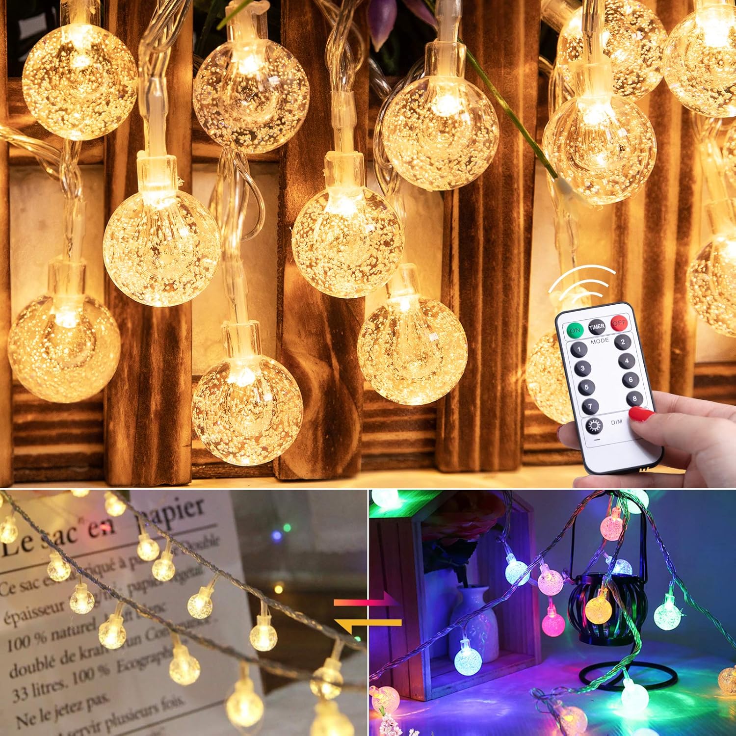 Minetom Crystal Globe String Lights - 33 Ft 100 LED Waterproof Fairy Lights with Remote & Timer | Warm White Decor