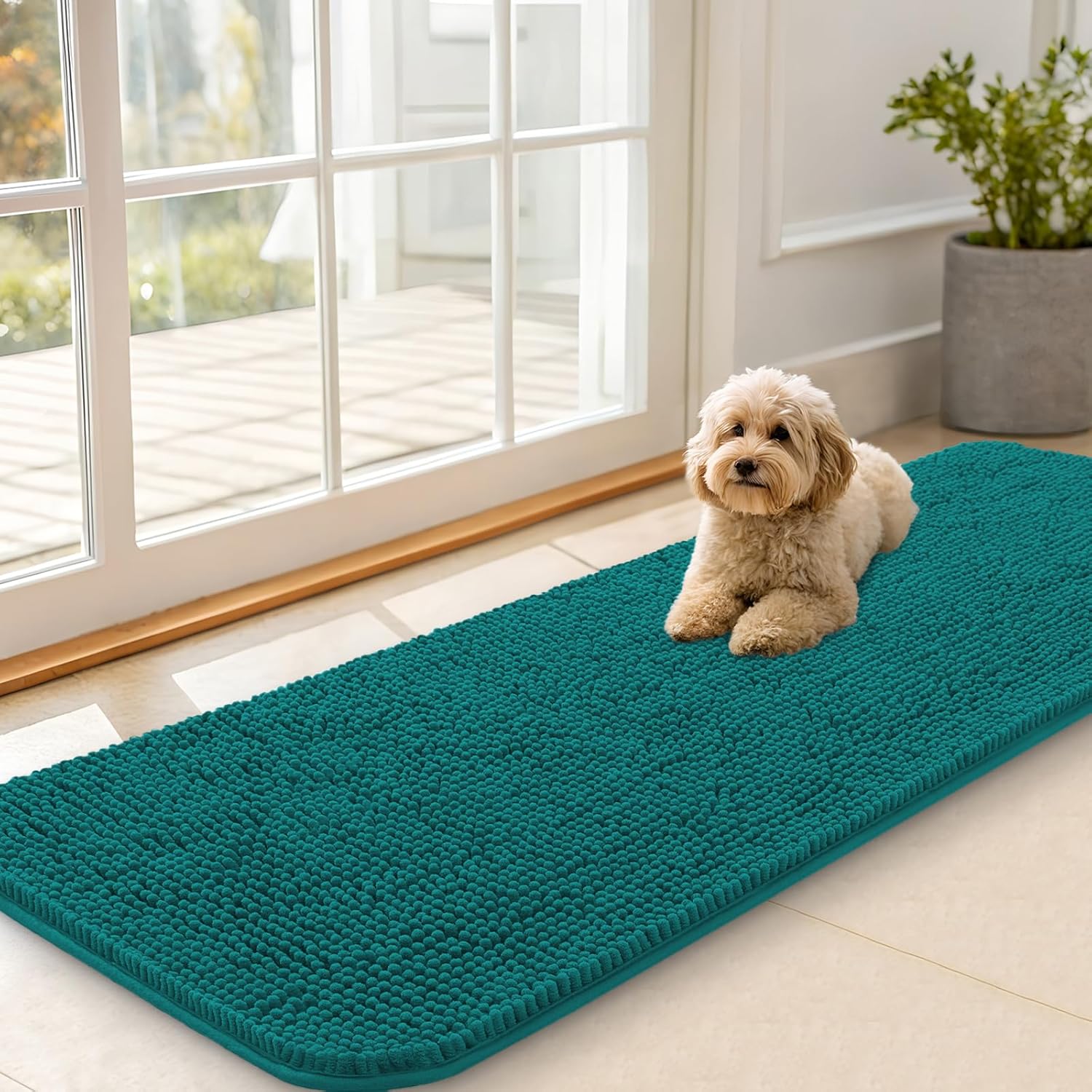 OLANLY Dog Door Mat - Absorbent Non-Slip Chenille Mat for Muddy Paws | 59x20, Quick Dry, Lake Blue