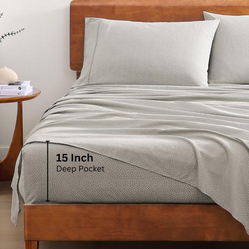 Lane Linen 100% Organic Cotton Full Sheets Set - Grey with White Dots | Breathable Percale Weave, Fits Mattresses Up to 15" Deep